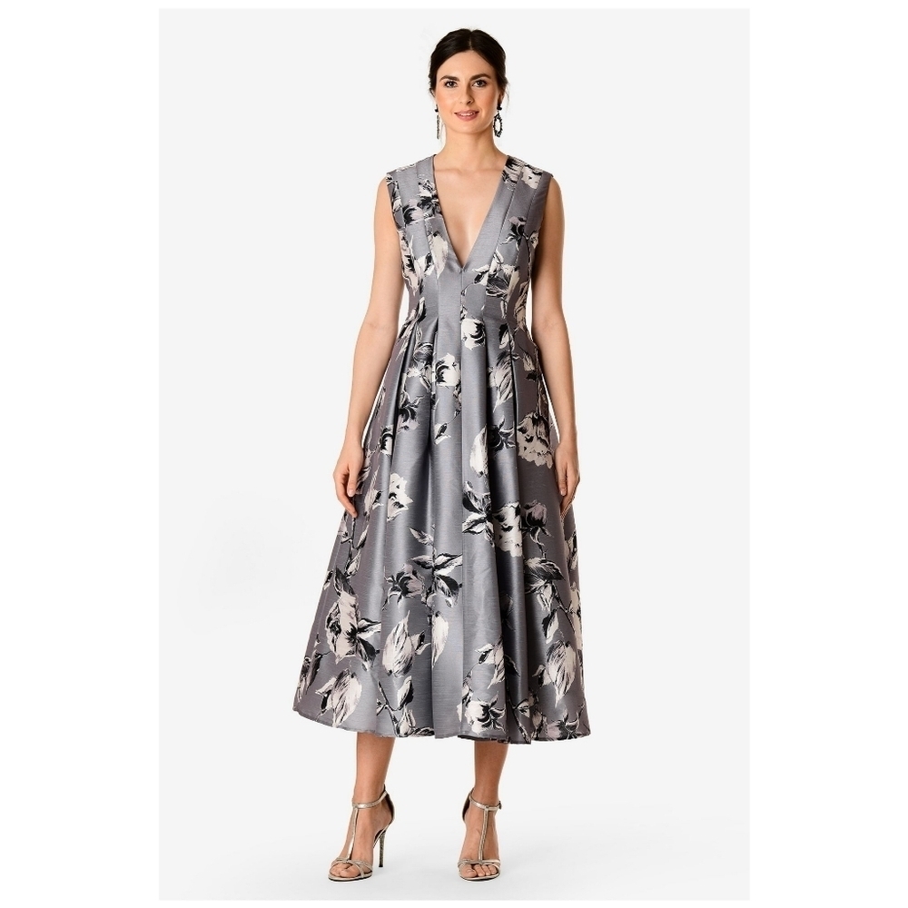 Sz 4 Grey Floral eShakti Sleeveless Dupioni Dress Plunge V Neckline